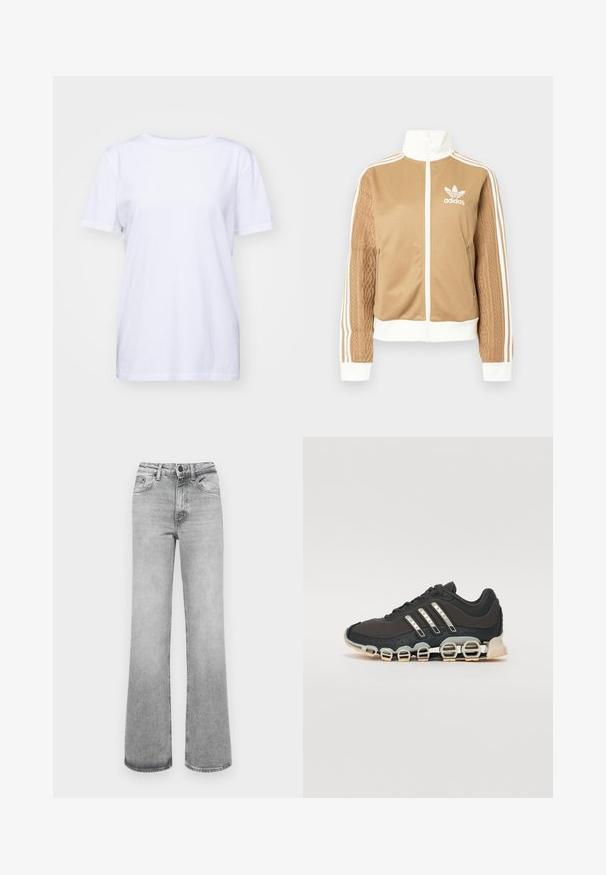 Tā tan krāsa zip-up jakas ar baltajiem akcentiem un trim baltām svītrām uz piedurknēm. Izceļas ar teksturētu aušanas dizainu uz vienas piedurknes. Adidas logo uz krūšu daļas.; Balts kokvilnas T-krekls ar apaļu kakla izgriezumu, īsām piedurknēm un brīvu piegriezumu. Gluda tekstūra un bez redzamām rakstu vai rotājumu detaļām.; Gai pelēki izbalējuši taisnleņķa džinsi ar priekšējiem kabatām, jostu cilpiņām un aizdari ar pogu un rāvējslēdzēju.; Melna sporta apavi ar teksturētu augšdaļu, trim sudraba svītrām un atšķirīgu amortizācijas zoli, kas sastāv no vairākiem integrētiem sekvencēm.