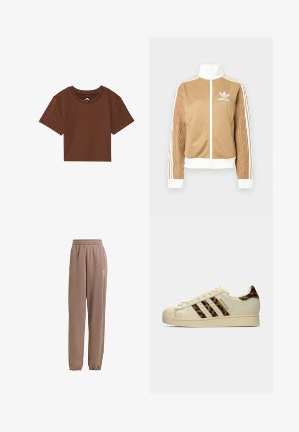 Tan zip-up takki, jossa on valkoisia yksityiskohtia ja kolme valkoista raitaa hihoissa. Yhdellä hihalla on texturoitu kudontasuunnittelu. Adidas-logo rinnassa.; Ruskea lyhythihainen lyhyt T-paita pehmeästä kankaasta, pyöreällä kaula-aukolla ja siisteillä saumoilla ilman kuvioita tai korostuksia.; Tummanruskeat hupparit, jotka on valmistettu pehmeästä kankaasta, joissa on joustava vyötärö, sivutaskut ja joustavat hihnat, valkoisella logolla koristeltuna.; Off-white Adidas Superstar lenkkari, jossa on leopardi-kuosiset raidat ja kantapää, beige kuminen kärki sekä "SUPERSTAR"-teksti sivussa.