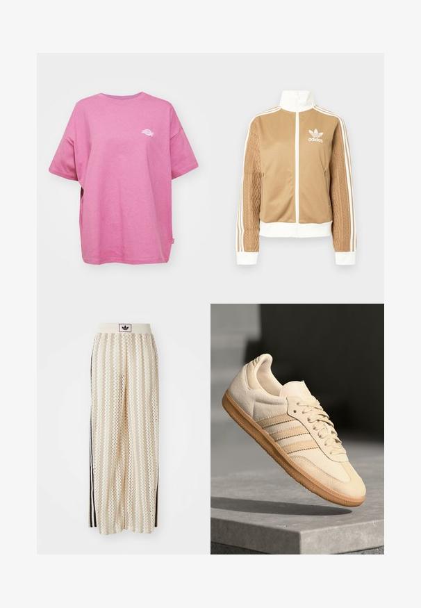 Barna, cipzáras dzseki fehér díszítésekkel és három fehér csíkkal a hajtókákon. Az egyik hajtókán texturált szövet mintázat található. Az Adidas logo a mellkason.; Dickies SUMMERDALE TEE - Basic póló - mellow mauve; Krém színű, széles szárú nadrág zigzag mintával, fekete logós derékrésszel és fekete oldalsávokkal. Könnyű, texturált anyag.; Világos bézs velúr sportcipő, gumitalppal, három átlós csíkkal és texturált orral. A díszítés a nyelven és az oldalon található.