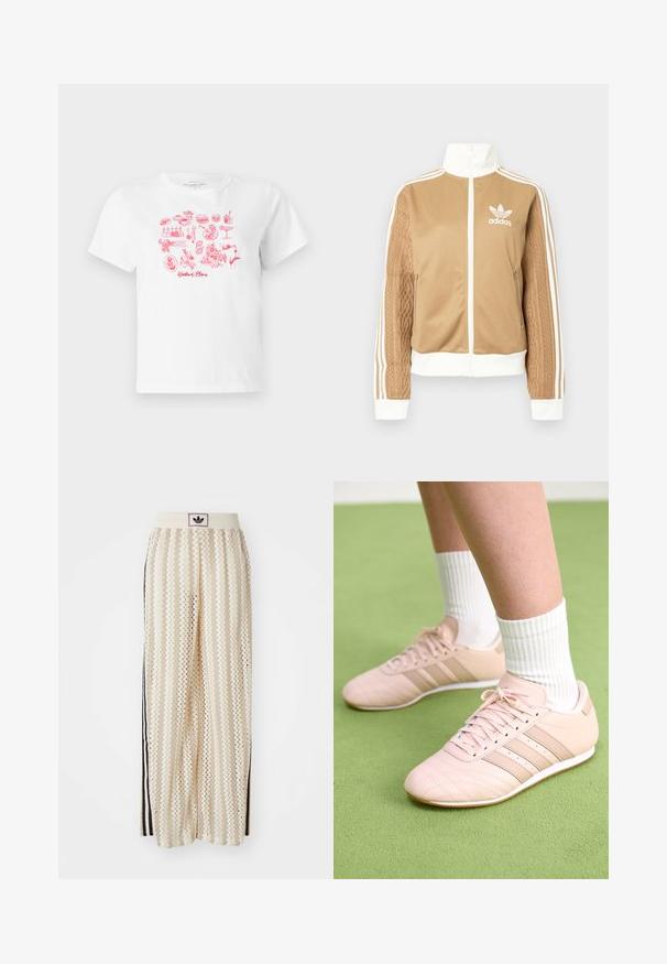 Tan zip-up jacket with white accents and three white stripes on sleeves. Features textured woven design on one sleeve. Adidas logo on chest.; White cotton t-shirt featuring a pink graphic print of various food items and utensils, with "Weekend Plans" text in a stylized font.; Cream-colored wide-leg pants with a zigzag pattern, featuring a black logo waistband and side black stripes. Lightweight, textured fabric.; Light pink athletic shoes with diagonal stitching, white soles, and three lateral stripes. Worn with ribbed white socks on green surface.