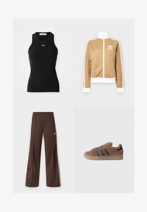 Casaco de fecho éclair em tom de bege com detalhes brancos e três riscas brancas nas mangas. Apresenta um design texturizado na trama de uma das mangas. Logotipo da Adidas no peito.; Camisola de alças preta, com nervuras, com decote redondo e pequeno logótipo do crocodilo verde da Lacoste centrado abaixo do decote.; Calças desportivas castanhas com design de perna larga, riscas laterais brancas, cintura elástica e dois bolsos laterais. Apresentam um pequeno logótipo na perna.; Tênis de camurça castanha com três riscas escuras, parte frontal com atacadores texturizados e calcanhar preto contrastante. Conta com sola de borracha e marcação dourada.