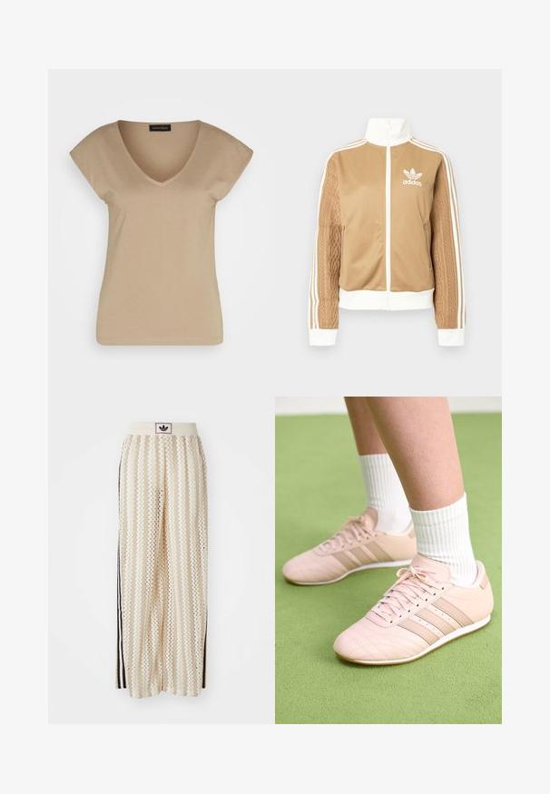 Brązowa kurtka zapinana na zamek błyskawiczny z białymi akcentami i trzema białymi paskami na rękawach. Posiada teksturowany wpleciony wzór na jednym z rękawów. Logo Adidas na klatce piersiowej.; Beżowa koszulka z dekoltem w serek i krótkim rękawem, wykonana z miękkiego materiału. Posiada prosty wzór bez nadruków czy akcentów.; Kremowe szerokie spodnie w stylu palazzo z wzorem w zygzak, z czarnym paskiem z logo oraz bocznymi czarnymi paskami. Lekki, teksturowany materiał.; Jasnoróżowe buty sportowe z ukośnym przeszyciem, białymi podeszwami i trzema bocznymi paskami. Noszone z prążkowanymi białymi skarpetami na zielonej powierzchni.