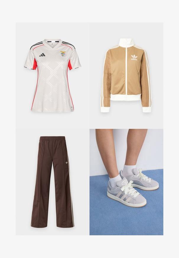 Veste zippée tan avec des accents blancs et trois rayures blanches sur les manches. Présente un design tissé texturé sur une manche. Logo Adidas sur la poitrine.; Maillot blanc Adidas avec des accents rouges et des bandes noires. Doté d'un col en V, d'un motif en relief en forme de diamant et de l'emblème du Benfica sur la poitrine.; Pantalon de sport marron à jambes larges, avec des bandes blanches sur les côtés, une taille élastique et deux poches latérales. Présente un petit logo sur la jambe.; Baskets en suède gris avec des lacets blancs et une semelle en caoutchouc, présentant trois stripes diagonales sur le côté et une étiquette logo sur la languette.