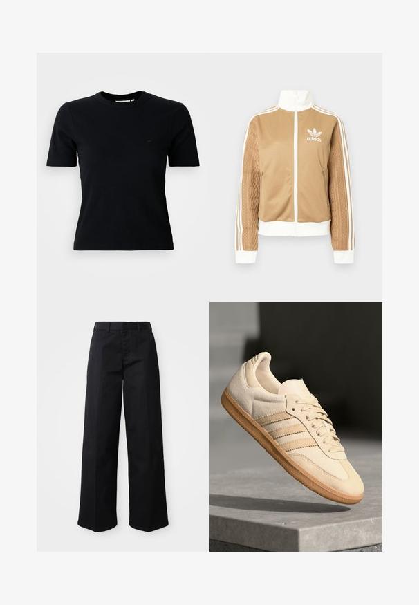 Tan zip-up jack met witte accenten en drie witte strepen op de mouwen. Heeft een gestructureerd geweven ontwerp op één mouw. Adidas-logo op de borst.; Zwarte ribbel korte mouwen t-shirt met een ronde halslijn; heeft een subtiele logo op de borst; gemaakt van een zachte, gestructureerde stof.; Zwarte wijde broek van zacht katoen. Voorzien van een klassieke tailleband, zijzakken en een rechte snit naar de zoom.; Lichtbeige suède sneaker met een gumrubberen buitenzool, drie diagonale strepen en een textuur op de neus. Voorzien van een logo op de tong en de zijkant.