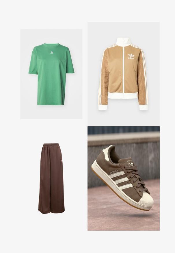 Tan zip-up jack met witte accenten en drie witte strepen op de mouwen. Heeft een gestructureerd geweven ontwerp op één mouw. Adidas-logo op de borst.; adidas Originals TEE - T-shirt basic - preloved green; adidas Originals Trainingsbroek - auburn cream white; Bruine suède sneakers met witte strepen, crème accenten en een rubberen shellneus. Voorzien van een vetersluiting en een textuur van gumzool.