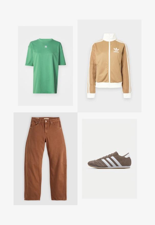 Casaco de fecho éclair em tom de bege com detalhes brancos e três riscas brancas nas mangas. Apresenta um design texturizado na trama de uma das mangas. Logotipo da Adidas no peito.; adidas Originals TEE - T-shirt básica - preloved green; Calças de ganga retas em tom de ferrugem com bolsos frontais e traseiros, rebites metálicos, fecho de botão e passadores de cinto, dispostas em plano sobre um fundo branco.; Sapatilha de desporto de camurça castanha com riscas brancas, biqueira redonda, design de atacadores e sola de borracha de goma. Parte superior texturizada com detalhes em costura.