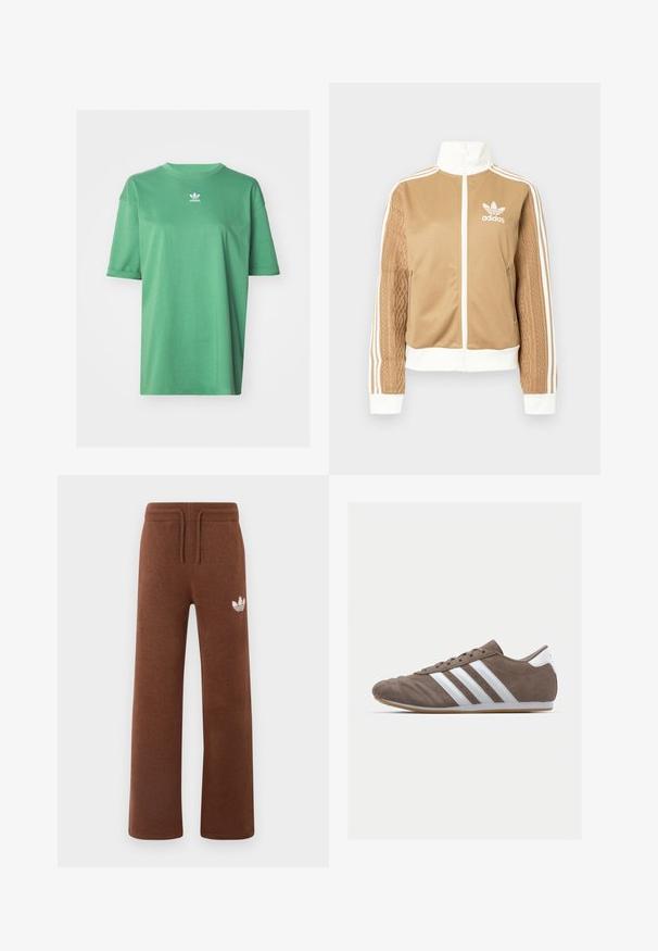 Tan zip-up jacket with white accents and three white stripes on sleeves. Features textured woven design on one sleeve. Adidas logo on chest.; adidas Originals TEE - Basic T-shirt - preloved green; Brown sweatpants in soft fabric with a relaxed fit, featuring an elastic waistband, drawstring, and a white logo on the left thigh.; Brown suede athletic shoe with white stripes, round toe, lace-up design, and gum rubber sole. Textured upper with stitching details.