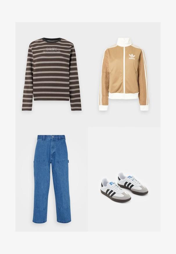 Ruda zip-up striukė su baltais akcentais ir trimis baltais dryžiais ant rankovių. Vienoje rankovėje yra tekstūruotas audinys. Adidas logotipas ant krūtinės.; Rudos ir juodos spalvos dryžuotas ilgomis rankovėmis marškinėlis su balta siuvinėta užrašu „OBEY STUDIOS“ ant krūtinės, apvalia kaklo iškirpte.; Mėlyni džinsiniai cargo kelnės su aukštu liemeniu, plačiomis kojomis ir didelėmis priekinėmis kišenėmis. Turėtų siuvinėjimo detalių ir mygtuko uždarymą.; Sportiniai batai su balta odine viršutine dalimi, pilku zomšiniu priekiu ir trimis juodomis juostelėmis. Ant liežuvio yra mėlynas logotipas, o padas pagamintas iš tekstūruoto gumos.
