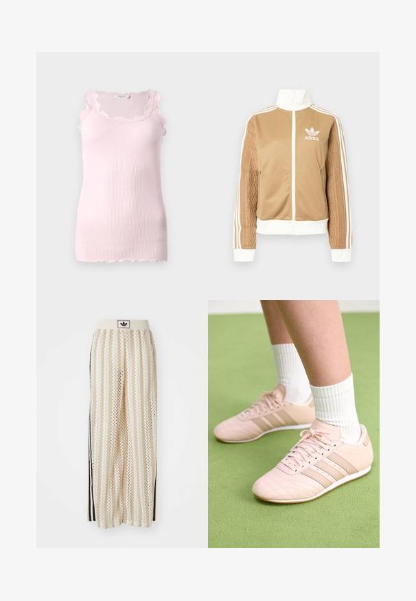 Ruda zip-up striukė su baltais akcentais ir trimis baltais dryžiais ant rankovių. Vienoje rankovėje yra tekstūruotas audinys. Adidas logotipas ant krūtinės.; Rožinė kreminė liemenėlė su banguotu nėriniu apykaklėje ir rankovėse, pasižyminti prigludusia forma ir švelniu paviršiumi.; Grietos spalvos plačios kelnės su zigzagų raštu, turinčios juodą logotipo juostą ir šonines juodas juosteles. Lengvas, tekstūruotas audinys.; Šviesiai rožiniai sportiniai batai su įstrižai siūtomis detalėmis, baltais pado ir trimis šoninėmis juostomis. Dėvimi su banguotomis baltomis kojinėmis ant žalios paviršiaus.