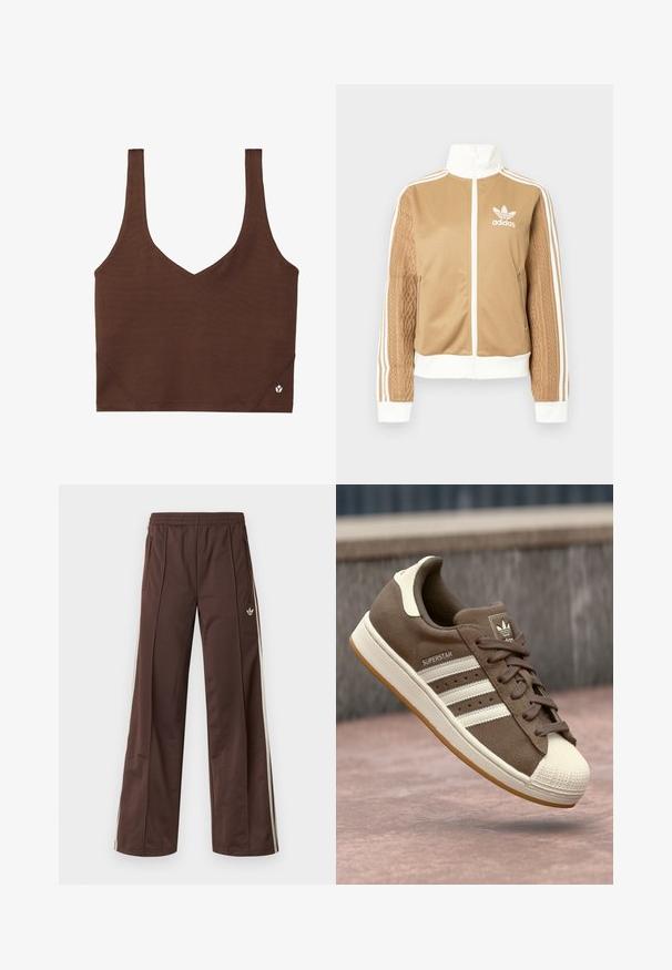 Tan-zip-Jacke mit weißen Akzenten und drei weißen Streifen an den Ärmeln. Besitzt ein strukturiertes Gewebedesign an einem Ärmel. Adidas-Logo auf der Brust.; Braunes Crop-Top mit breiten Schulterriemen, V-Ausschnitt und kleinem weißem Logo unten rechts auf weißem Hintergrund.; Braune Sporthose mit weitem Bein, weißen Seitenstreifen, elastischem Bund und zwei Seitentaschen. Mit kleinem Logo am Bein.; Braune Wildleder-Sneaker mit weißen Streifen, crèmefarbenen Akzenten und einer Gummischale an der Zehe. Verfügt über ein Schnürdesign und eine strukturierte Gummisohle.