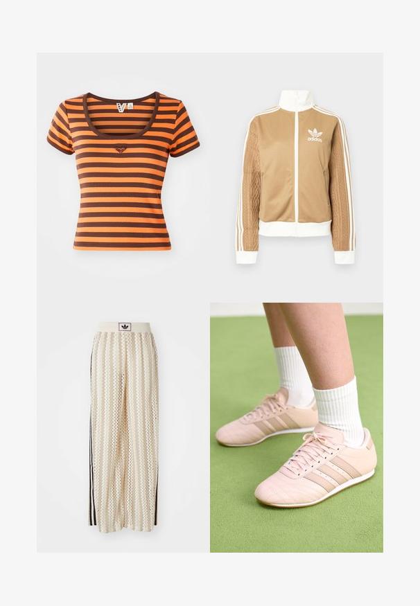 Tan zip-up jakke med hvide accenter og tre hvide striber på ærmerne. Har et tekstureret, vævet design på det ene ærme. Adidas-logo på brystet.; Stribet T-shirt med orange og brune nuancer, lavet af ribbet stof. Har en rund halsudskæring og korte ærmer, med et hjerte-logo på brystet.; Cremefarvede bukser med vidde, der har et zigzag-mønster, med en sort logoelastik i taljen og sorte striber på siden. Letvægtigt, tekstureret stof.; Lyselyserøde træningssko med diagonal syning, hvide såler og tre sidelægstriber. Båret med ribbede hvide sokker på en grøn overflade.