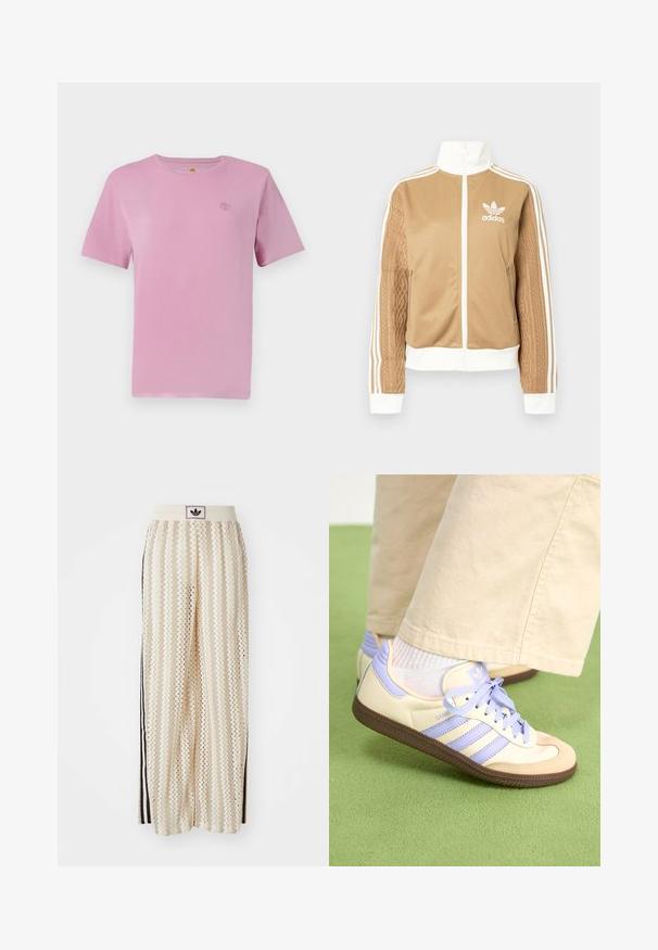Tamni zip-up jakna s bijelim naglascima i tri bijele pruge na rukavima. Ima teksturirani tkaninski uzorak na jednom rukavu. Adidas logo na prsima.; Ružičasta pamučna majica kratkih rukava s malim izvezenim logom na prsima. Glatka tekstura i klasičan dizajn s okruglim izrezom.; Pantalone širokog kroja krem boje s zigzag uzorkom, koji sadrži sivi pojas s crnim logotipom i bočne crne pruge. Lagani, teksturirani materijal.; Kremasto-ljubičaste tenisice s tri pruge i strukturiranim smeškim potplatom, s vezicama i podstavljenim petom. Mekana gornja tkanina.