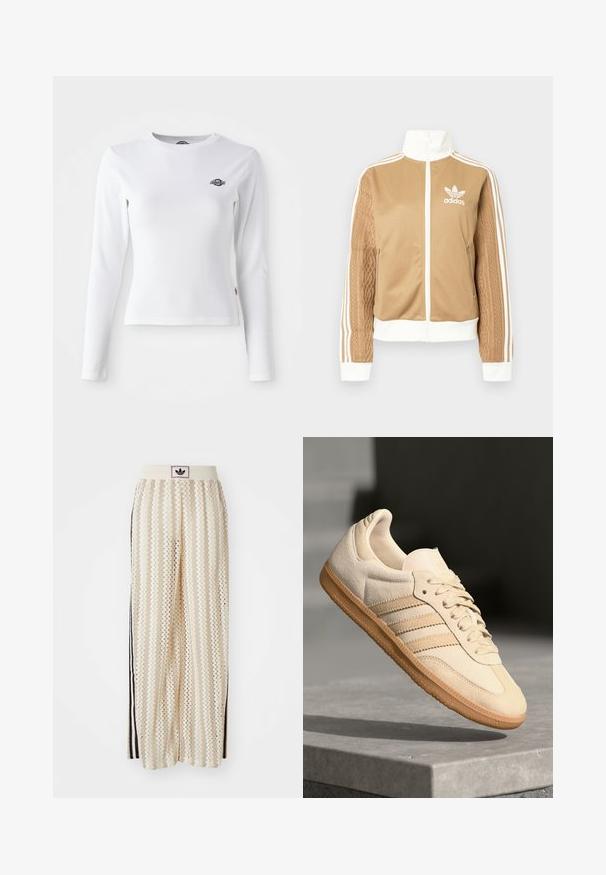 Barna, cipzáras dzseki fehér díszítésekkel és három fehér csíkkal a hajtókákon. Az egyik hajtókán texturált szövet mintázat található. Az Adidas logo a mellkason.; Fehér, hosszú ujjú ing bordás anyagból. Kicsi fekete logó található a mellen. Testhezálló fazon, kerek nyakkivágással.; Krém színű, széles szárú nadrág zigzag mintával, fekete logós derékrésszel és fekete oldalsávokkal. Könnyű, texturált anyag.; Világos bézs velúr sportcipő, gumitalppal, három átlós csíkkal és texturált orral. A díszítés a nyelven és az oldalon található.