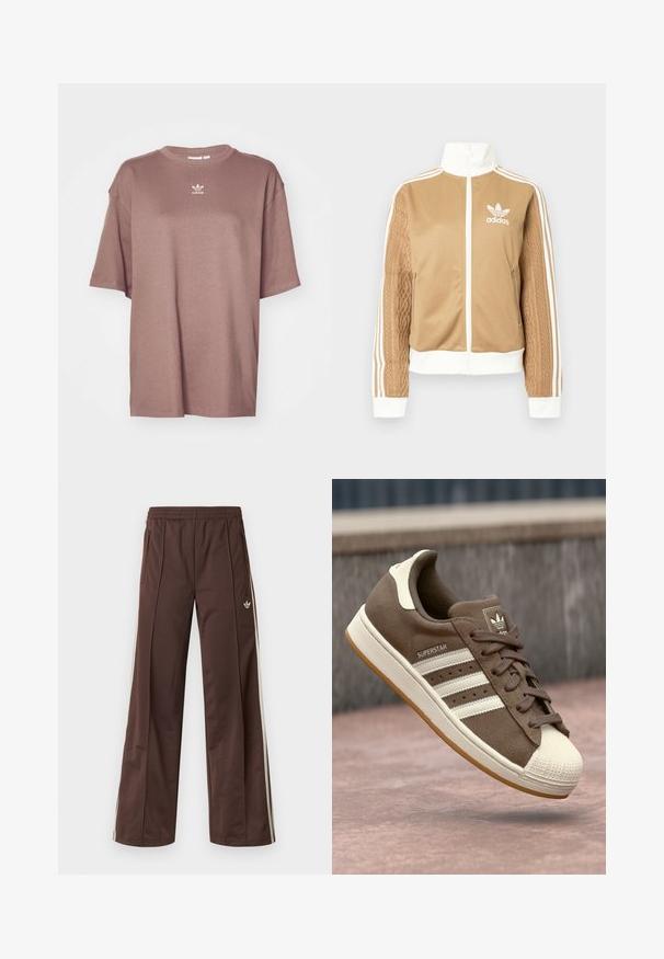 Tan zip-up jacket with white accents and three white stripes on sleeves. Features textured woven design on one sleeve. Adidas logo on chest.; adidas Originals TEE - Basic T-shirt - trace brown; Brown athletic pants with a wide-leg design, white side stripes, an elastic waistband, and two side pockets. Features small logo on the leg.; Brown suede sneaker with white stripes, cream accents, and a rubber shell toe. Features lace-up design and textured gum sole.
