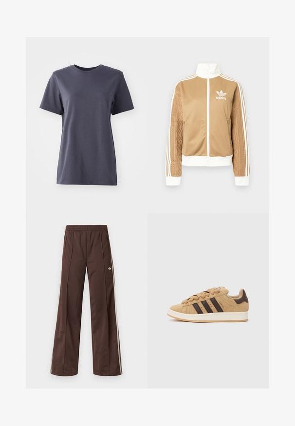 Jachetă zip-up de culoare bej cu accente albe și trei dungi albe pe mâneci. Prezintă un design țesut texturat pe o mânecă. Logo-ul Adidas pe piept.; Tricou cu mânecă scurtă din bumbac gri închis, design cu gât rotund, textură netedă, tiv drept, fără modele vizibile sau detalii din metal.; Pantaloni atletici maro cu design cu picior larg, dungi laterale albe, talie elastică și două buzunare laterale. Prezintă un logo mic pe picior.; Pantofi sport din suede maro cu trei dungi maro închis, talpă albă și șireturi bej. Asortați cu o pereche de pantaloni cu dungi verzi și albe.