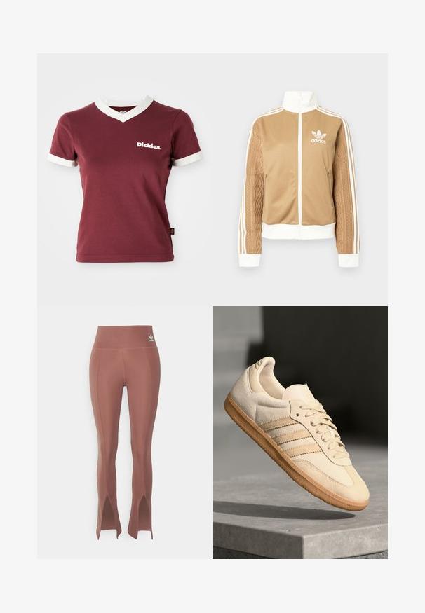 Barna, cipzáras dzseki fehér díszítésekkel és három fehér csíkkal a hajtókákon. Az egyik hajtókán texturált szövet mintázat található. Az Adidas logo a mellkason.; Burgundy V nyakú póló fehér bordás gallérral és ujjpántokkal. Bal mellen található egy fehér "Dickies" logó. Pamut anyag, testhezálló kivitel.; Barna, magas derekú leggings, melyek oldalán hasítékok találhatók az alján, rugalmas anyagból készültek. Finom varrás és egy kis logó látható a derékpánt közelében.; Világos bézs velúr sportcipő, gumitalppal, három átlós csíkkal és texturált orral. A díszítés a nyelven és az oldalon található.