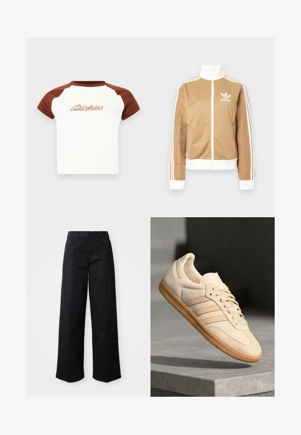 Hnědá zipová bunda s bílými akcenty a třemi bílými pruhy na rukávech. Obsahuje texturovaný tkaný design na jednom rukávu. Logo Adidas na hrudi.; Tričko s krátkým rukávem, bílé barvy s hnědými raglánovými rukávy. Na hrudi je stylizovaný nápis "Dickies" ušitý nitěmi. Hladká textura.; Černé široké kalhoty vyrobené z měkké bavlněné tkaniny. Mají klasický pas, boční kapsy a rovný střih ke spodnímu okraji.; Světlé béžové semišové tenisky s gumovou podrážkou, třemi diagonálními pruhy a texturovanou špičkou. Na jazyku a boku se nachází logo.