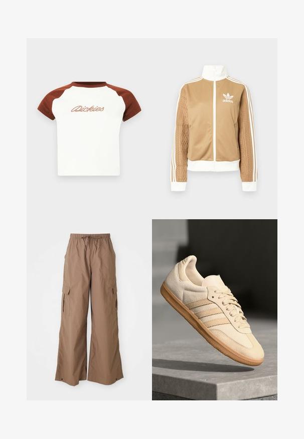 Hnedá mikina na zips s bielymi akcentmi a tromi bielymi pruhmi na rukávoch. Obsahuje textúrovaný tkaný vzor na jednom rukáve. Logo Adidas na hrudi.; Polo tričko s krátkym rukávom, bieleho tela a hnedými raglánovými rukávmi. Na prednej strane s výrazným prešitím „Dickies“ cez hruď. Hladká textura.; Hnedé voľné cargo nohavice s elastickým pásom a bočnými vreckami s klopou, s širokým strihom, vystavené na bielom pozadí.; Svetlo béžová semišová teniska s gumovou podrážkou, tromi diagonálnymi pruhmi a textúrovaným špičkovým krytom. Obsahuje logo na jazyku a boku.