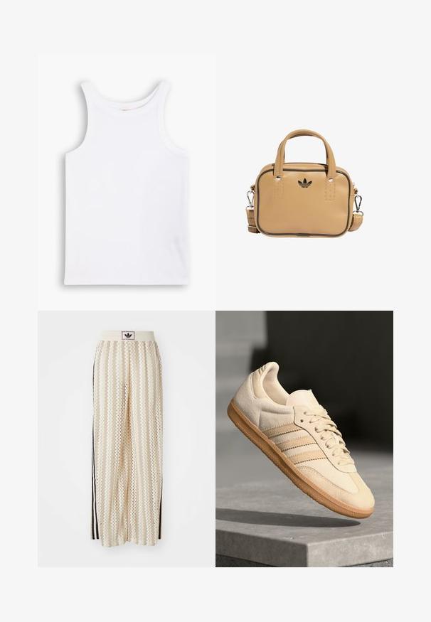 Brązowa kurtka zapinana na zamek błyskawiczny z białymi akcentami i trzema białymi paskami na rękawach. Posiada teksturowany wpleciony wzór na jednym z rękawów. Logo Adidas na klatce piersiowej.; Biała bawełniana koszulka na ramiączkach z szerokimi paskami, okrągłym dekoltem i gładką, prążkowaną strukturą. Brak wzorów i akcentów.; Kremowe szerokie spodnie w stylu palazzo z wzorem w zygzak, z czarnym paskiem z logo oraz bocznymi czarnymi paskami. Lekki, teksturowany materiał.; Jasno beżowe zamszowe sneakersy z gumową podeszwą, trzema skośnymi paskami i teksturowanym noskiem. Zawierają logo na języku i boku.; Brązowa torebka z wegańskiej skóry z dwoma uchwytami, odczepianym paskiem na ramię, czarnym akcentem w postaci przeszyć oraz małym czarnym logo z przodu.