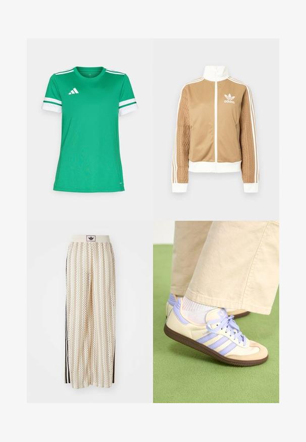 Tan zip-up jacka med vita accenter och tre vita ränder på ärmarna. Har en texturerad vävd design på en ärm. Adidas-logotyp på bröstet.; Grön träningsskjorta i lättviktigt material med rundad halsringning, vita randiga ärmar och en logotyp i övre vänstra hörnet.; Krämfärgade vida byxor med ett zick-zack-mönster, med en svart logoband och svarta sidostråk. Lätt och strukturerad tyg.; Krämfärgade och lavendelfärgade sneakers med tre ränder och en texturerad brun sula, med snören och en vadderad häl. Mjuk tygobero.