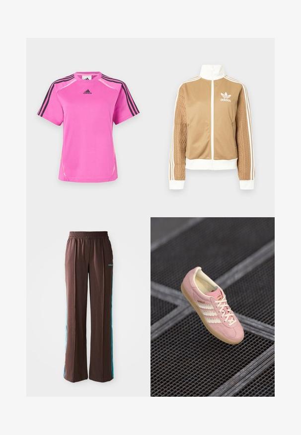 Tā tan krāsa zip-up jakas ar baltajiem akcentiem un trim baltām svītrām uz piedurknēm. Izceļas ar teksturētu aušanas dizainu uz vienas piedurknes. Adidas logo uz krūšu daļas.; Spilgti rozā Adidas sporta krekls ar melnu triju svītru detaļu uz piedurknēm un melnu Adidas logo uz krūšu.; Brūni sporta bikses ar ribotu faktūru, elastīgu jostasvietu un tirkīza sānu svītrām. Priekšpusē ir adidas logo.; Rozā zamšādas sneakeri ar baltu trīs svītru dizainu, bēšām akcentēm un gumijas zoli. Iekļauj šņores un zīmolu uz sāniem.