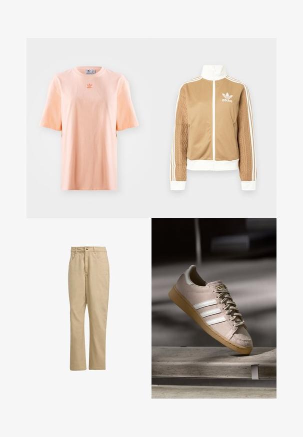 Brązowa kurtka zapinana na zamek błyskawiczny z białymi akcentami i trzema białymi paskami na rękawach. Posiada teksturowany wpleciony wzór na jednym z rękawów. Logo Adidas na klatce piersiowej.; Różowa bawełniana koszulka z krótkim rękawem, okrągłym dekoltem i wyszywanym logo na środku. Luźny krój z bocznymi rozcięciami.; Khaki bawełniane spodnie o prostym kroju, z zapięciem na guzik z przodu, dwiema bocznymi kieszeniami i minimalistycznym logo z przodu.; Jasnobeżowe zamszowe sneakersy z białymi paskami, gumową, brązową podeszwą, okrągłym noskiem i płaskimi sznurowadłami. Charakteryzują się przeszywanymi detalami oraz złotym logo.