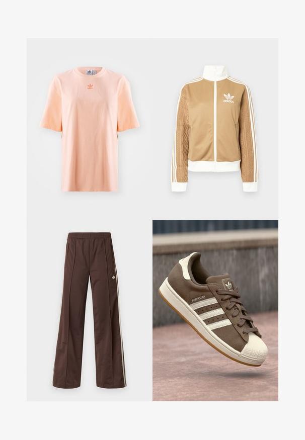 Tan zip-up jacka med vita accenter och tre vita ränder på ärmarna. Har en texturerad vävd design på en ärm. Adidas-logotyp på bröstet.; Persikofärgad bomull t-shirt med korta ärmar, rundad halsringning och en broderad logga i mitten. Avslappnad passform med sidofickor.; Bruna träningsbyxor med vida ben, vita sidostrippar, resår i midjan och två sidofickor. Har en liten logotyp på benet.; Bruna mockasiner i mocka med vita ränder, krämfärgade detaljer och en gummitå. Har snörning och en texturerad gummisula.