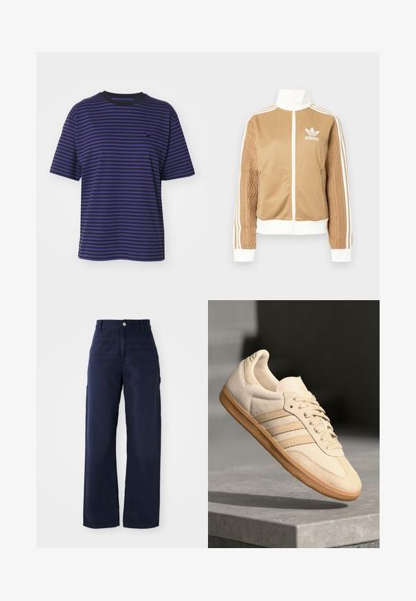 Hnědá zipová bunda s bílými akcenty a třemi bílými pruhy na rukávech. Obsahuje texturovaný tkaný design na jednom rukávu. Logo Adidas na hrudi.; Carhartt WIP VERNER - Triko s potiskem - black/aura; Námořnické modré široké cargo kalhoty vyrobené z pevné bavlny, s bočními kapsami a zapínáním na knoflík v pase.; Světlé béžové semišové tenisky s gumovou podrážkou, třemi diagonálními pruhy a texturovanou špičkou. Na jazyku a boku se nachází logo.