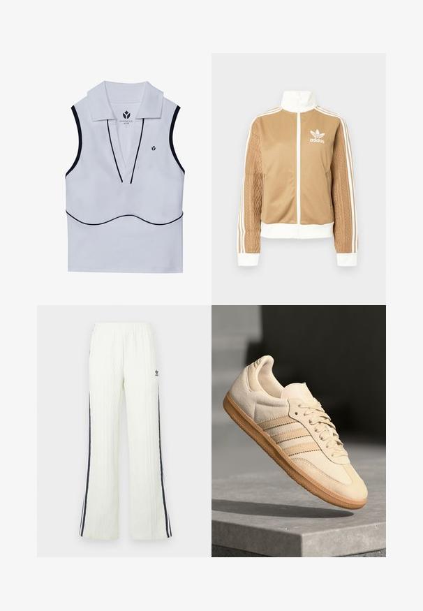 Tan zip-up jacka med vita accenter och tre vita ränder på ärmarna. Har en texturerad vävd design på en ärm. Adidas-logotyp på bröstet.; Vit ärmlös träningströja med krage, djup V-form, svarta detaljer och en liten logotyp i det övre vänstra hörnet.; Ljuskrämfärgade, kabelstickade byxor med utsvängd design. Har mörkblå sidostripes och en Adidas-logotyp på höften. Elastisk midjeband.; Ljusbeige mockasneaker med gummisula, tre diagonala ränder och en texturerad tåhuvud. Har logotyp på tungan och sidan.