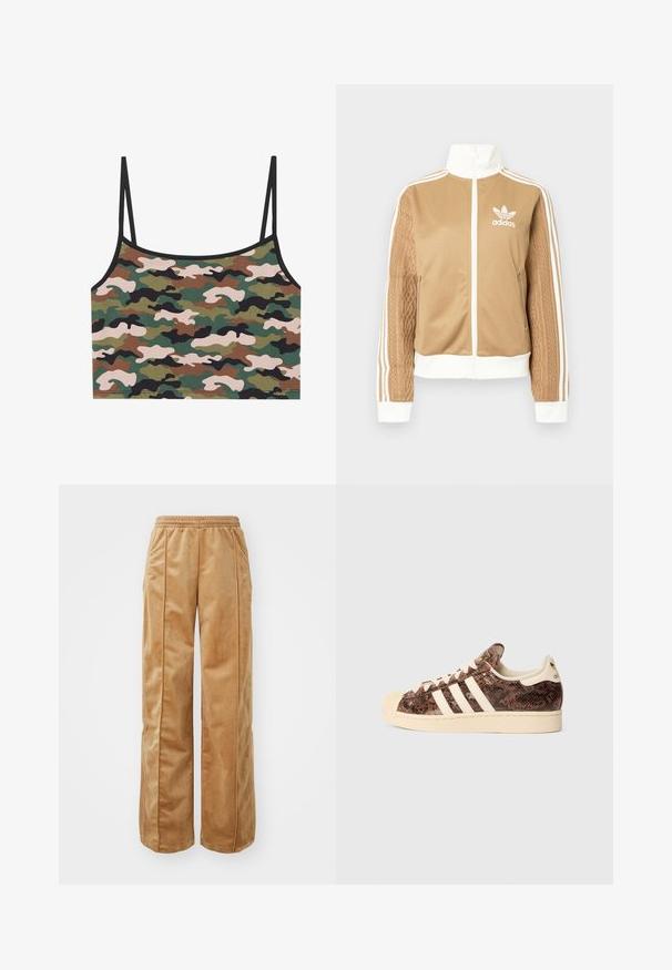 Tan zip-up jacket with white accents and three white stripes on sleeves. Features textured woven design on one sleeve. Adidas logo on chest.; Camouflage crop top with green, brown, and pink patterns. Made from soft fabric with thin adjustable straps and a black trim.; Tan wide-leg pants made of soft, velvety material. Features an elastic waistband and vertical seams along the front for added detail.; Brown snake-print sneaker with white stripes and cream accents. Features a rounded toe, textured upper, and soft interior lining.