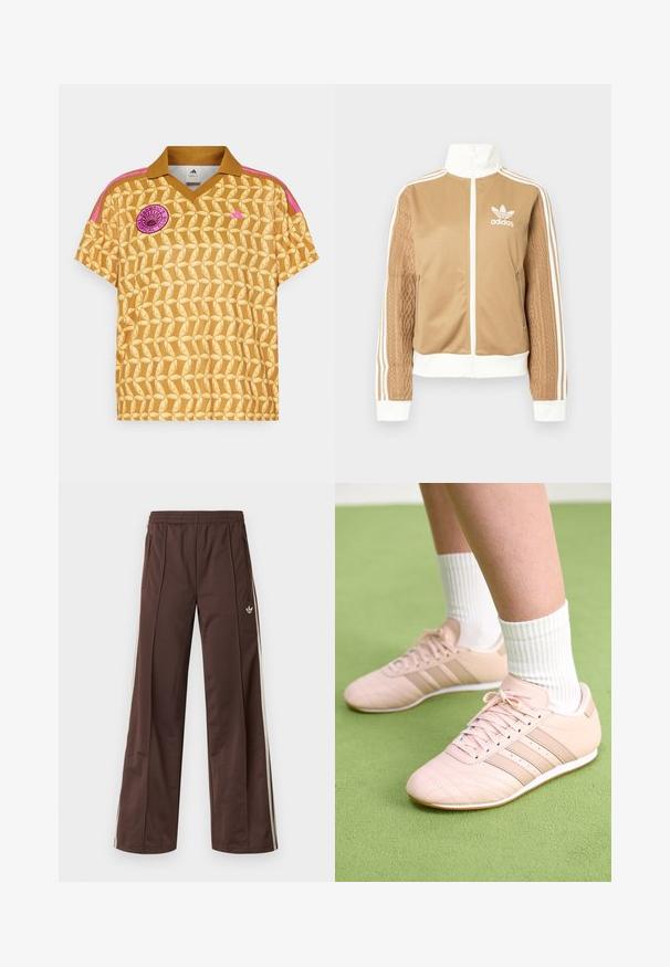Casaco de fecho éclair em tom de bege com detalhes brancos e três riscas brancas nas mangas. Apresenta um design texturizado na trama de uma das mangas. Logotipo da Adidas no peito.; Camisa dourada com um padrão de folhas de banana repetido, colarinho polo, riscas rosa nos ombros e um logótipo circular que diz "CLUBE TROPICAL DO FARMERIO".; Calças desportivas castanhas com design de perna larga, riscas laterais brancas, cintura elástica e dois bolsos laterais. Apresentam um pequeno logótipo na perna.; Ténis atléticos rosa claro com costura diagonal, solas brancas e três riscas laterais. Usados com meias brancas com nervuras sobre uma superfície verde.