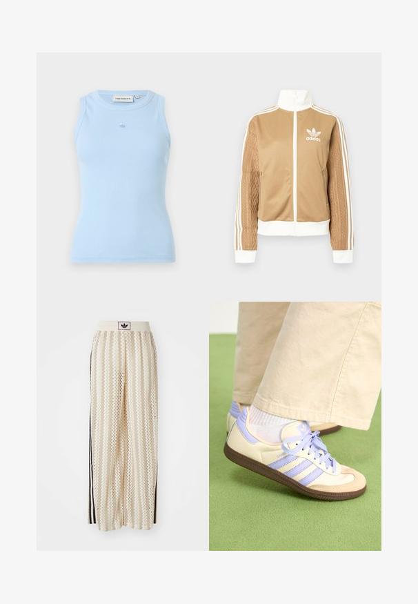 Tamni zip-up jakna s bijelim naglascima i tri bijele pruge na rukavima. Ima teksturirani tkaninski uzorak na jednom rukavu. Adidas logo na prsima.; Svijetloplavi rebrasti majica bez rukava s okruglim izrezom i malim logotipom na prsima. Izrađena je od mekane, rastezljive tkanine.; Pantalone širokog kroja krem boje s zigzag uzorkom, koji sadrži sivi pojas s crnim logotipom i bočne crne pruge. Lagani, teksturirani materijal.; Kremasto-ljubičaste tenisice s tri pruge i strukturiranim smeškim potplatom, s vezicama i podstavljenim petom. Mekana gornja tkanina.