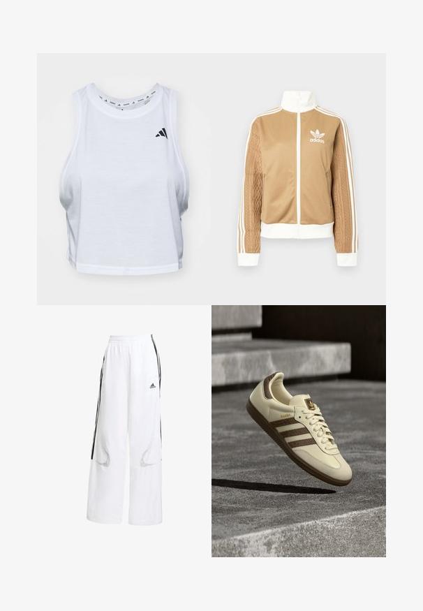 Giacca a zip tan con accenti bianchi e tre strisce bianche sulle maniche. Presenta un design tessuto testo su una manica. Logo Adidas sul petto.; Top corto bianco realizzato in tessuto leggero con scollatura rotonda. Presenta un logo nero sul lato sinistro e una texture liscia.; Pantaloni sportivi bianchi con una vestibilità ampia, caratterizzati da strisce laterali nere, vita elasticizzata e ritagli in rete per la ventilazione.; Scarpa da ginnastica color crema con accenti marroni, strisce laterali texturizzate e finitura in pelle liscia. Presenta una chiusura con lacci e suola in gomma.