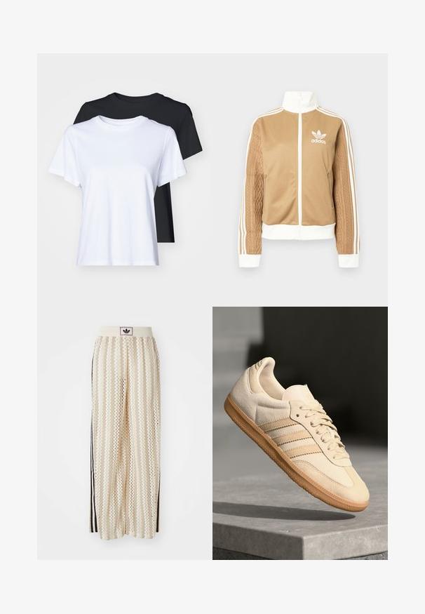 Tan zip-up jacket with white accents and three white stripes on sleeves. Features textured woven design on one sleeve. Adidas logo on chest.; Two short-sleeve t-shirts in black and white, made of smooth cotton, featuring a classic crew neckline and a regular fit.; Cream-colored wide-leg pants with a zigzag pattern, featuring a black logo waistband and side black stripes. Lightweight, textured fabric.; Light beige suede sneaker with gum outsole, three diagonal stripes, and a textured toe cap. Features logo on the tongue and side.
