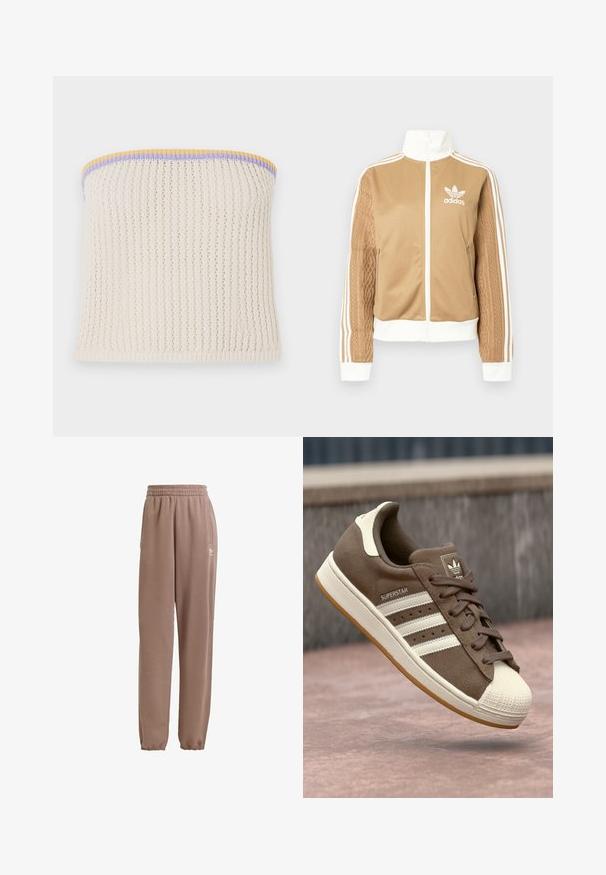 Giacca a zip tan con accenti bianchi e tre strisce bianche sulle maniche. Presenta un design tessuto testo su una manica. Logo Adidas sul petto.; Top senza maniche in maglia crema con texture a coste. Accentuato da rifiniture gialle, viola e blu. Include un piccolo logo in metallo del brand.; Pantaloni della tuta marroni realizzati in tessuto morbido, dotati di vita elastica, tasche laterali e polsini elastici, con un accento di logo bianco.; Sneaker in suede marrone con strisce bianche, accenti crema e punta in gomma. Presenta un design con lacci e una suola in gomma testurizzata.