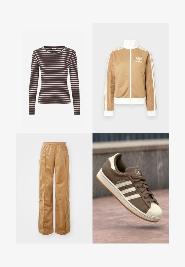 Hnědá zipová bunda s bílými akcenty a třemi bílými pruhy na rukávech. Obsahuje texturovaný tkaný design na jednom rukávu. Logo Adidas na hrudi.; Dlouhý rukáv, přiléhavý žebernatý top s hnědými a bílými vodorovnými pruhy a kulatým výstřihem.; Hnědé široké kalhoty vyrobené z měkkého, sametového materiálu. Obsahují elastický pas a vertikální švy na přední straně pro zvýšení detailu.; Hnědé semišové tenisky s bílými pruhy, krémovými akcenty a gumovou špičkou. Obsahují šněrovací design a strukturovanou gumovou podrážku.