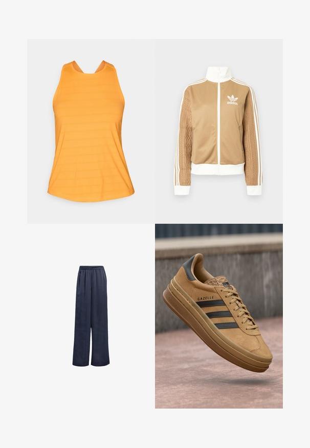 Barna, cipzáras dzseki fehér díszítésekkel és három fehér csíkkal a hajtókákon. Az egyik hajtókán texturált szövet mintázat található. Az Adidas logo a mellkason.; Narancssárga sportos ujjatlan felső, texturált mintával, mély nyakkivágással és széles pántokkal a tartás és a könnyű mozgás érdekében.; Sötétkék, széles szárú nadrág sima anyagból, rugalmas derékkal és láthatatlan fémrészek nélkül. Lazább helyzetű és teljes hosszúságú kialakítással rendelkezik.; Barna velúr sportcipők sima textúrával, három sötét csíkkal, lekerekített orral és vastag talppal, amelynek szegélye mintázott.