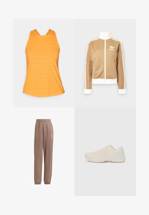 Tan zip-up jakke med hvide accenter og tre hvide striber på ærmerne. Har et tekstureret, vævet design på det ene ærme. Adidas-logo på brystet.; Orange sportstank top med et struktureret mønster, der har en rund hals og brede stropper for støtte og bevægelsesfrihed.; Brune sweatpants lavet af blødt stof, med elastisk talje, sidelommer og elastiske manchetter, samt en hvid logoaccents.; Lys beige atletisk sko med en tekstureret overdel, kontrasterende hvide detaljer, en rund tå og en fleksibel gummisål.