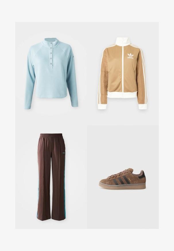 Casaco de fecho éclair em tom de bege com detalhes brancos e três riscas brancas nas mangas. Apresenta um design texturizado na trama de uma das mangas. Logotipo da Adidas no peito.; Blusa de manga longa azul-claro com colarinho alto, tecido texturizado e fecho de botão. Apresenta mangas raglan e uma bainha curta.; Calças atléticas castanhas com uma textura canelada, cintura elástica e riscas laterais turquesa. Apresentam o logo da adidas na frente.; Tênis de camurça castanha com três riscas escuras, parte frontal com atacadores texturizados e calcanhar preto contrastante. Conta com sola de borracha e marcação dourada.