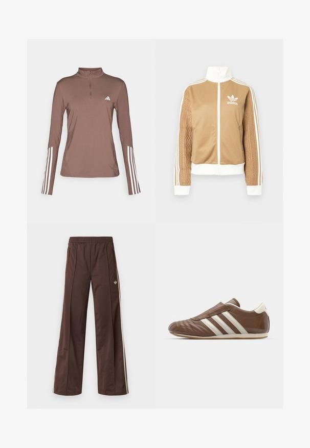 Casaco de fecho éclair em tom de bege com detalhes brancos e três riscas brancas nas mangas. Apresenta um design texturizado na trama de uma das mangas. Logotipo da Adidas no peito.; Top atlético de manga longa castanho com meio fecho, apresentando detalhes em branco com três riscas nas mangas e um pequeno logótipo branco no peito.; Calças desportivas castanhas com design de perna larga, riscas laterais brancas, cintura elástica e dois bolsos laterais. Apresentam um pequeno logótipo na perna.; adidas Originals TAEKWONDO - Sapatos sem atacadores - preloved brown/off white