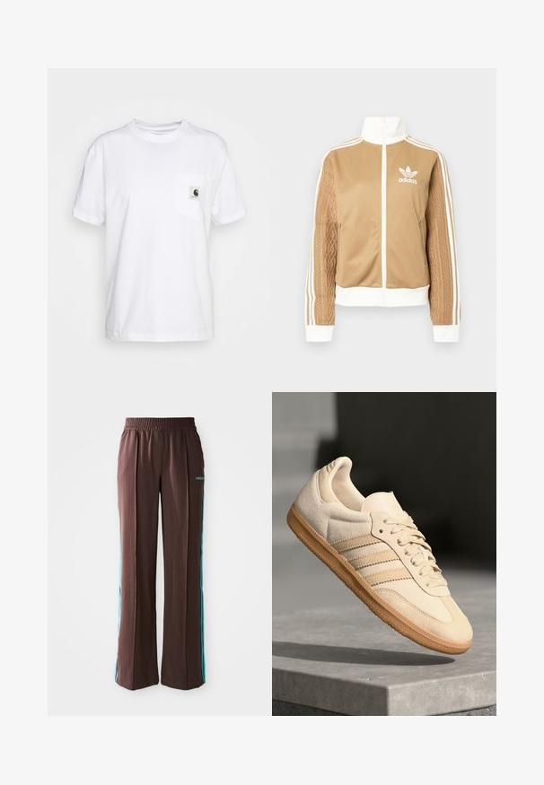 Casaco de fecho éclair em tom de bege com detalhes brancos e três riscas brancas nas mangas. Apresenta um design texturizado na trama de uma das mangas. Logotipo da Adidas no peito.; T-shirt branca de algodão com mangas curtas, decote redondo e um bolso no peito esquerdo com um rótulo de logótipo a preto e branco.; Calças atléticas castanhas com uma textura canelada, cintura elástica e riscas laterais turquesa. Apresentam o logo da adidas na frente.; Sapatilha de camurça bege clara com sola de borracha, três riscas diagonais e uma biqueira texturizada. Apresenta o logótipo na língua e na lateral.