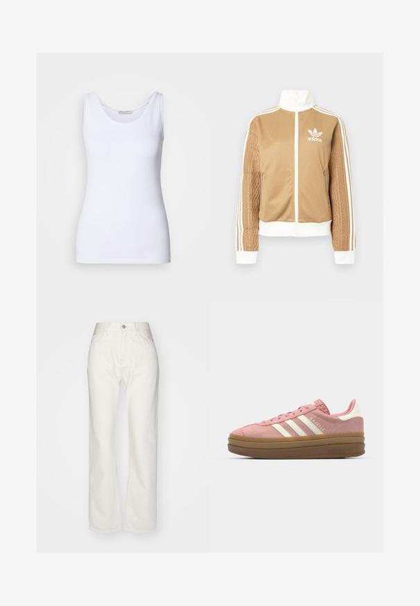 Chaqueta con cremallera en tono marrón y acentos en blanco, con tres rayas blancas en las mangas. Presenta un diseño texturizado tejido en una de las mangas. Logo de Adidas en el pecho.; Top sin mangas blanco hecho de una tela suave y elástica. Presenta un escote redondeado y tirantes anchos. La parte inferior se sitúa justo por debajo de la cintura. Sin patrones ni acentos.; Pantalones de mezclilla blanca con una alta cintura y un ajuste de pierna ancha. Presenta un cierre de botón y cremallera, presillas para cinturón y detalles de costura sutil.; adidas Originals GAZELLE BOLD - Zapatillas - mauve/off white