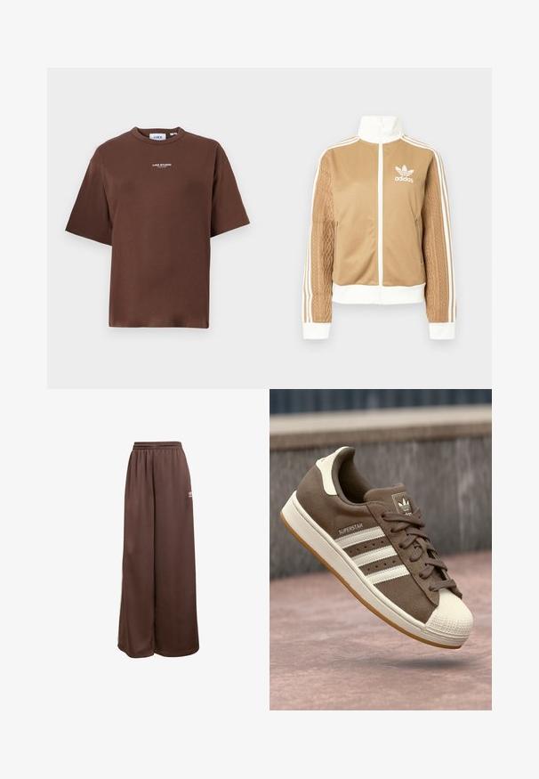 Jachetă zip-up de culoare bej cu accente albe și trei dungi albe pe mâneci. Prezintă un design țesut texturat pe o mânecă. Logo-ul Adidas pe piept.; Tricou din bumbac maro cu un croi lejer, de tip crew, și mâneci scurte. Prezintă un text mic „JJXX STUDIO” pe față.; adidas Originals Pantaloni de trening - auburn cream white; Adidași din suede maro cu dungi albe, accente crem și vârf din cauciuc. Prezintă un design cu șireturi și o talpă din cauciuc texturată.