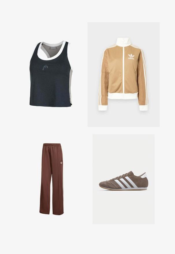 Giacca a zip tan con accenti bianchi e tre strisce bianche sulle maniche. Presenta un design tessuto testo su una manica. Logo Adidas sul petto.; Canottiera atletica in blu navy e grigio con una finitura bianca. Presenta un collo a scopo e un design posteriore asimmetrico. Realizzata in un tessuto morbido.; Pantaloni atletici marroni con una vestibilità rilassata. Realizzati in tessuto morbido, presentano tasche laterali, righe bianche e un piccolo logo bianco sulla coscia.; Scarpa sportiva in suede marrone con strisce bianche, punta tonda, design con lacci e suola in gomma. Parte superiore testurizzata con dettagli cuciti.