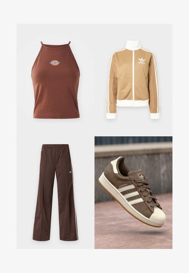 Zipper športna bunda v rjavi barvi z belimi dodatki in tremi belimi črtami na rokavih. Ima strukturiran tkaninski vzorec na enem rokavu. Adidasov logotip na prsih.; Rjav brezrokavnik s kratkim zgornjim delom, izdelan iz raztegljive tkanine, z barvnim logotipom "Dickies" na sprednji strani in tankimi naramnicami.; Rjave športne hlače s širokimi hlačnicami, belimi stranskimi črtami, elastičnim pasom in dvema stranskima žepoma. Na hlačnici je majhen logotip.; Svetlo rjave semiš teniske z belimi črtami, kremnimi dodatki in gumijastim zaščitnim toe-delom. Imajo vezanje in teksturiran gumijast podplat.
