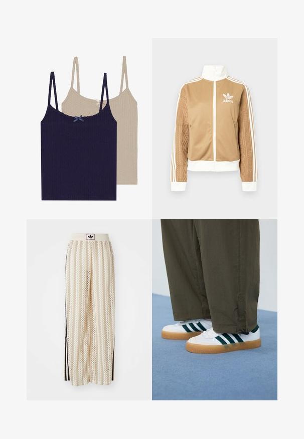 Jachetă zip-up de culoare bej cu accente albe și trei dungi albe pe mâneci. Prezintă un design țesut texturat pe o mânecă. Logo-ul Adidas pe piept.; Două topuri de tip camisole cu nervuri, unul bleumarin cu o fundiță albastră și unul crem cu o fundiță argintie, având bretele ajustabile și un finisaj texturat.; Pantaloni largi de culoare crem, cu un model în zigzag, având un brâu cu logo negru și dungi laterale negre. Material ușor, texturat.; Adidași albi cu dungi verzi, talpă din cauciuc de gumă, asortați cu pantaloni verzi măslinii, tapered, cu prinderi la glezne.
