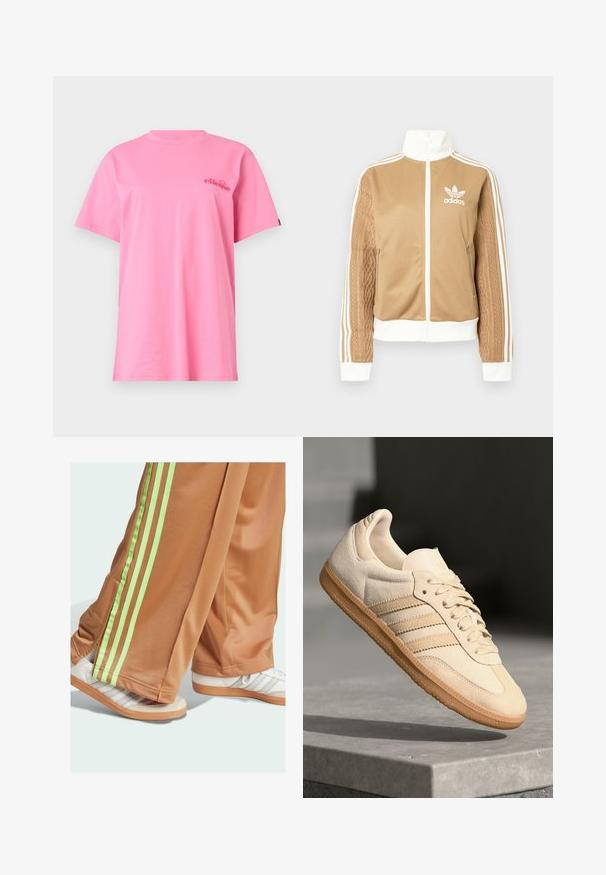 Chaqueta con cremallera en tono marrón y acentos en blanco, con tres rayas blancas en las mangas. Presenta un diseño texturizado tejido en una de las mangas. Logo de Adidas en el pecho.; Camiseta de algodón rosa con mangas cortas, un cuello redondo y un pequeño logo rojo en el pecho. Textura suave y corte relajado.; Pantalones deportivos marrones con franjas laterales verdes, combinados con zapatillas blancas con franjas grises y suela de goma. El diseño enfatiza la comodidad.; Zapatillas de ante beige claro con suela de goma, tres rayas diagonales y una puntera texturizada. Presenta el logo en la lengüeta y en el lateral.