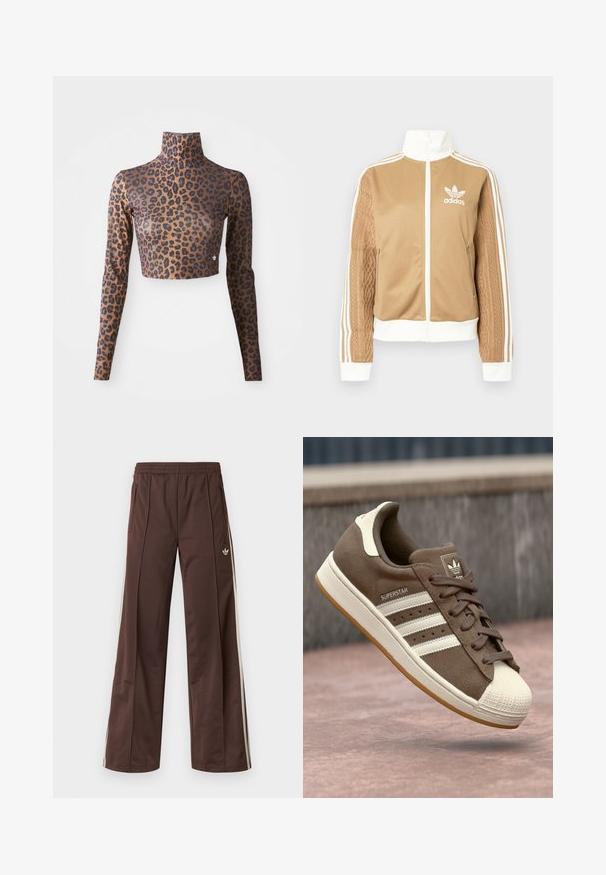 Hnedá mikina na zips s bielymi akcentmi a tromi bielymi pruhmi na rukávoch. Obsahuje textúrovaný tkaný vzor na jednom rukáve. Logo Adidas na hrudi.; Hnedo-čierny crop top s dlhým rukávom so vzorom leopardích škvŕn, s vysokým golierom a hladkou, jemnou textúrou. Diskrétny logový detail na leme.; Hnedé športové nohavice so širokým strihom nohavíc, bielymi bočnými pásmi, elastickým pásom a dvoma bočnými vreckami. Na nohavici je malá značka.; Hnedé semišové tenisky s bielymi pruhmi, krémovými akcentmi a gumovou špičkou. Obsahujú šnurovací dizajn a textúrovanú gumenú podrážku.