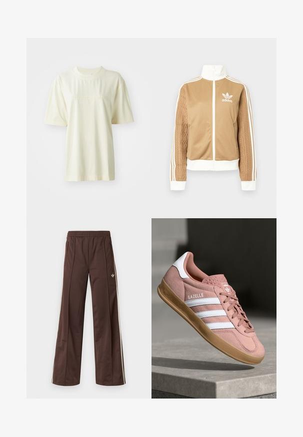 Tā tan krāsa zip-up jakas ar baltajiem akcentiem un trim baltām svītrām uz piedurknēm. Izceļas ar teksturētu aušanas dizainu uz vienas piedurknes. Adidas logo uz krūšu daļas.; Krēmkrāsas kokvilnas T-krekls ar apaļu kakla izgriezumu, īsām piedurknēm un reljefu "adidas" logotipu uz krūts. Gluda tekstūra un brīvs piegriezums.; Brūnas sporta bikses ar platu kāju dizainu, baltām sānu svītrām, elastīgu jostasvietu un divām sānu kabatām. Uz kājas ir mazs logotips.; Rozā zamša sporta apavi ar baltām svītrām, gumijas zole, teksturēts augšdaļas materiāls un logo uz mēles. Klasisks zema profila dizains.
