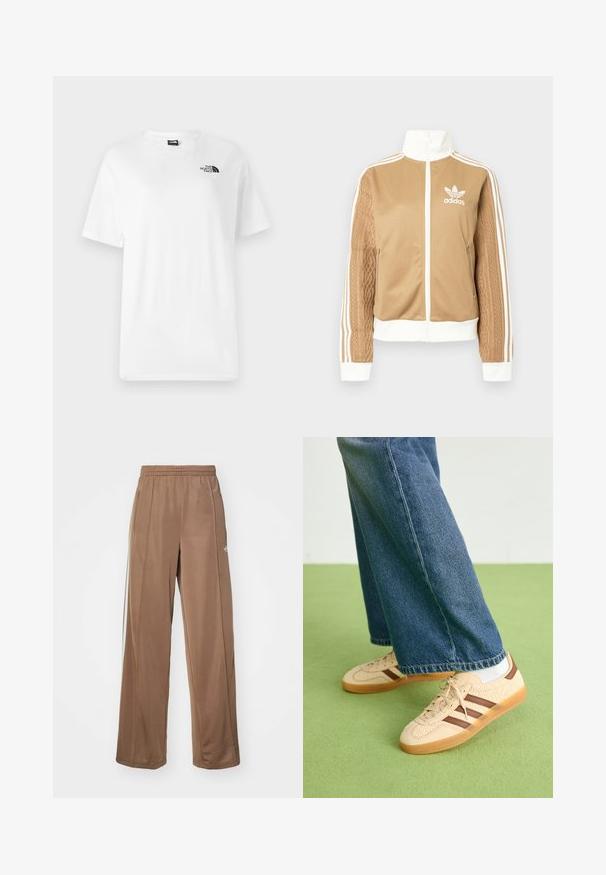 Brązowa kurtka zapinana na zamek błyskawiczny z białymi akcentami i trzema białymi paskami na rękawach. Posiada teksturowany wpleciony wzór na jednym z rękawów. Logo Adidas na klatce piersiowej.; Biała bawełniana koszulka z krótkim rękawem, okrągłym dekoltem i małym czarnym logo na górnej lewej części piersi. Gładka tekstura, regularny krój.; Brązowe spodnie sportowe z miękkiego materiału, z elastycznym pasem, bocznymi kieszeniami i białymi akcentami logo na lewym biodrze.; Beżowe sneakersy z fakturowanymi kremowymi panelami i brązowymi paskami, w połączeniu z niebieskimi dżinsami. Dżinsy mają szerokie nogawki i postrzępione wykończenie.